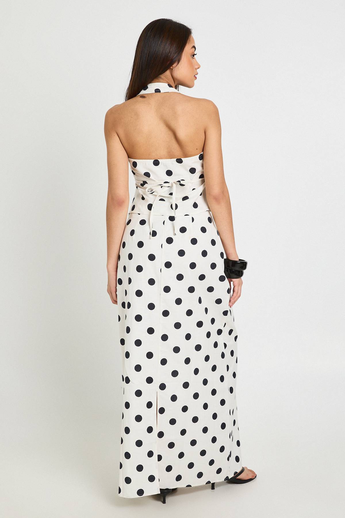 boohoo Jupe Longue Taille Basse À Pois Effet Lin