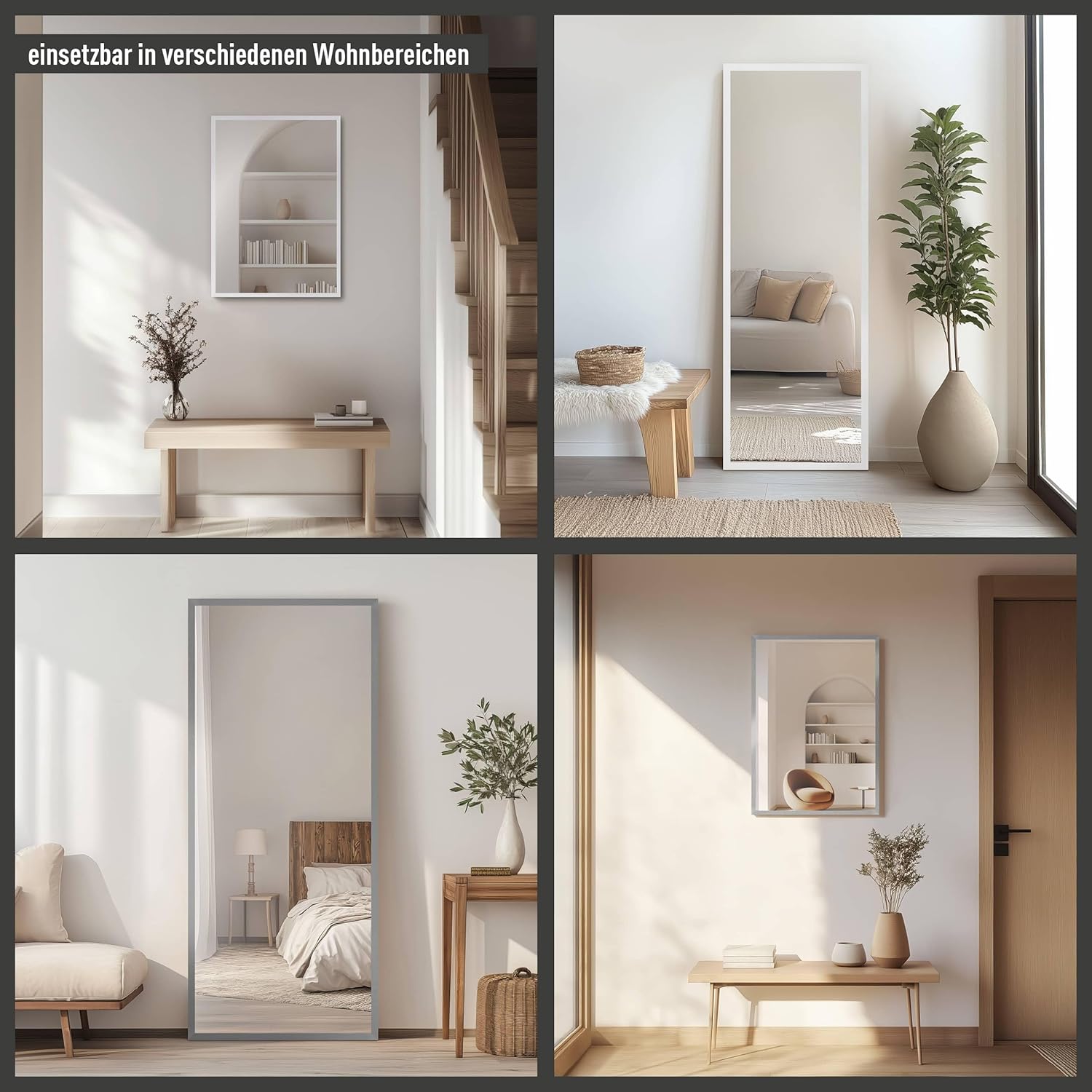 Wandspiegel, 70 x 170 cm, Holz (MDF), Weiß, Ganzkörperspiegel für alle Wohnbereiche, Hoch- & Querformat, anpassbare Aufhänger, Oslo