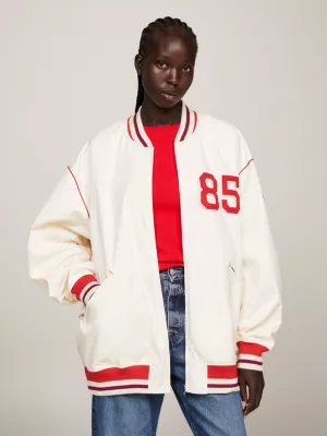 Jaqueta de beisebol oversized com logo traseiro TH Crest