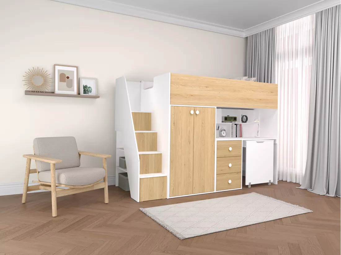 Lit mezzanine 90 x 190 cm avec armoire et bureau - Blanc et naturel - LANILATO