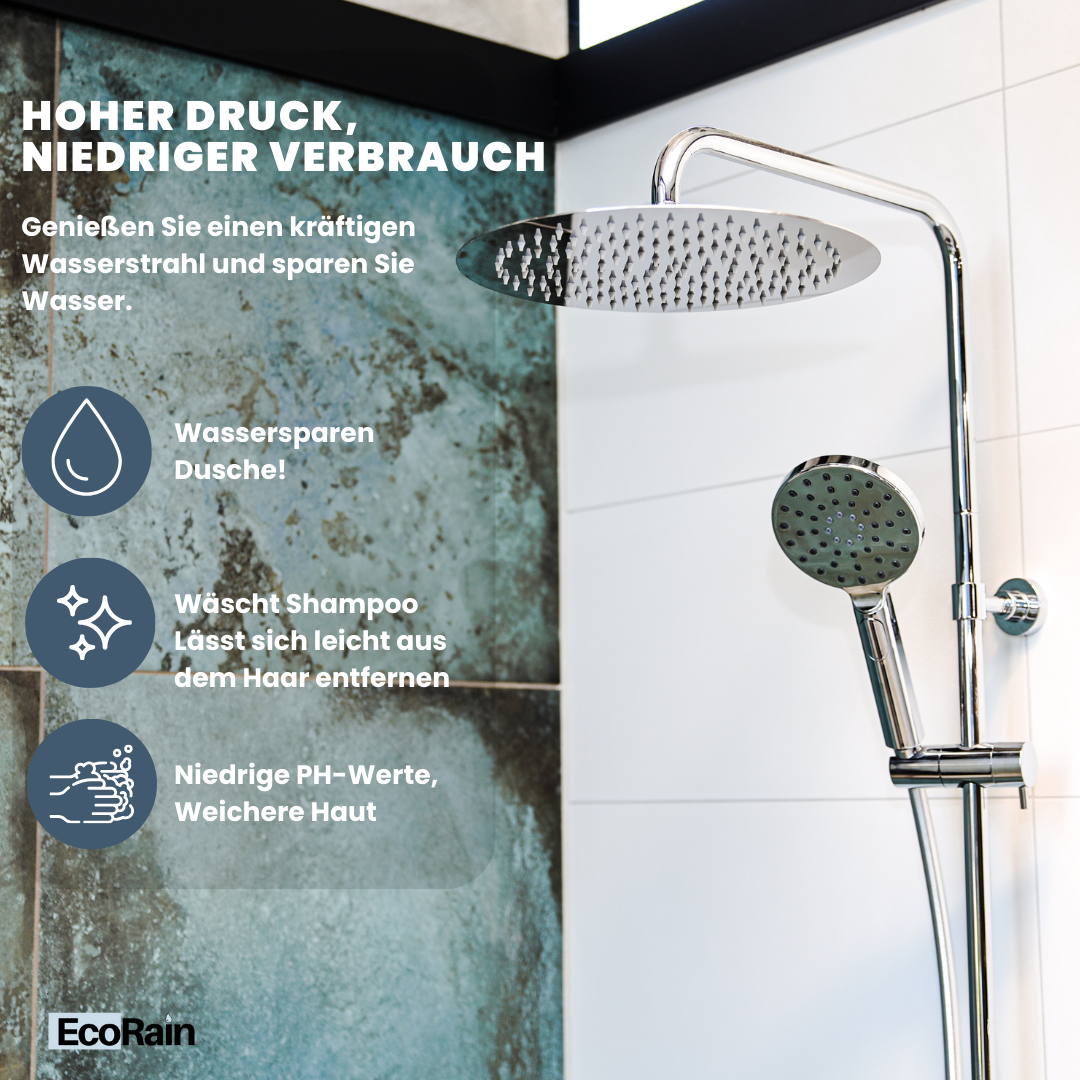 EcoRain Waterbesparende Regendouchekop Tyler 30 cm Chroom met Douchearm - 30% Waterbesparing - Waterbesparende Douchekop - Ronde Regendouchekop - Universeel - Verbrandingsbestendige Douchekop