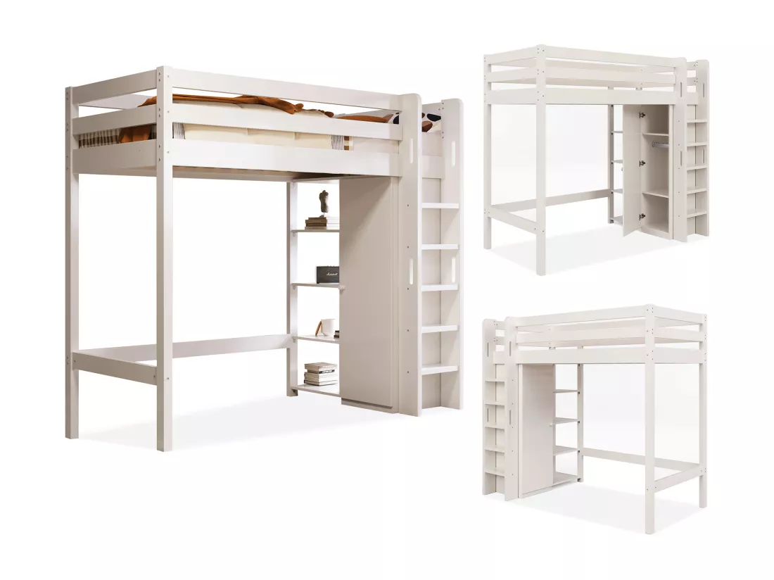 Lit mezzanine 90x200cm en bois massif - avec une armoire et étagères - Blanc
