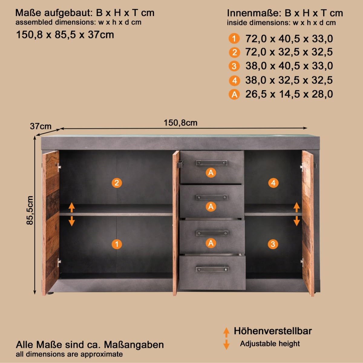 trendteam smart living - Indy - Kommode - Graphit Grau/Alteiche - 4 Schubladen, 4 Fächer - (BxHxT) 151 x 86 x 37 cm - Sideboard in rustikaler Optik