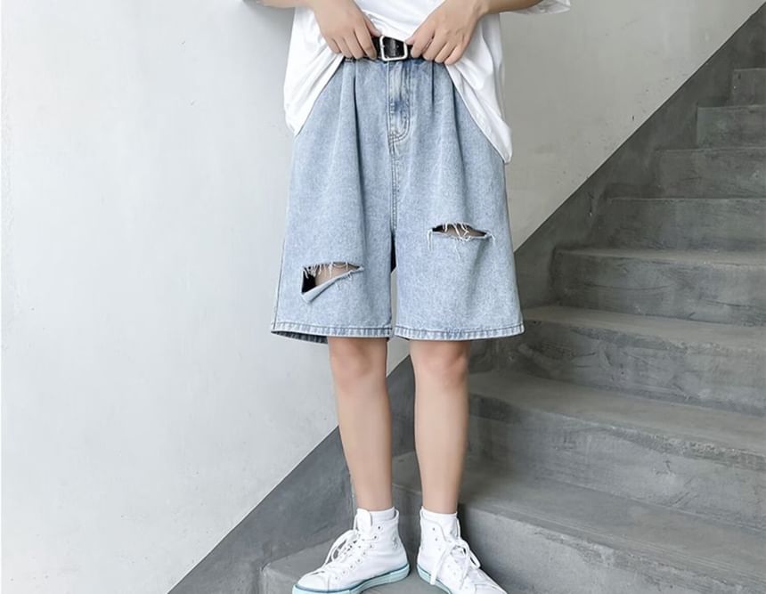 deersweeti - Mid Rise Washed Distressed Denim Shorts