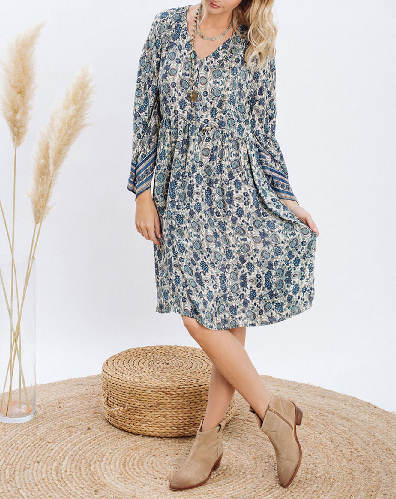 Lauren Vidal Robe en Soie mélangée Sasha bleu/écru