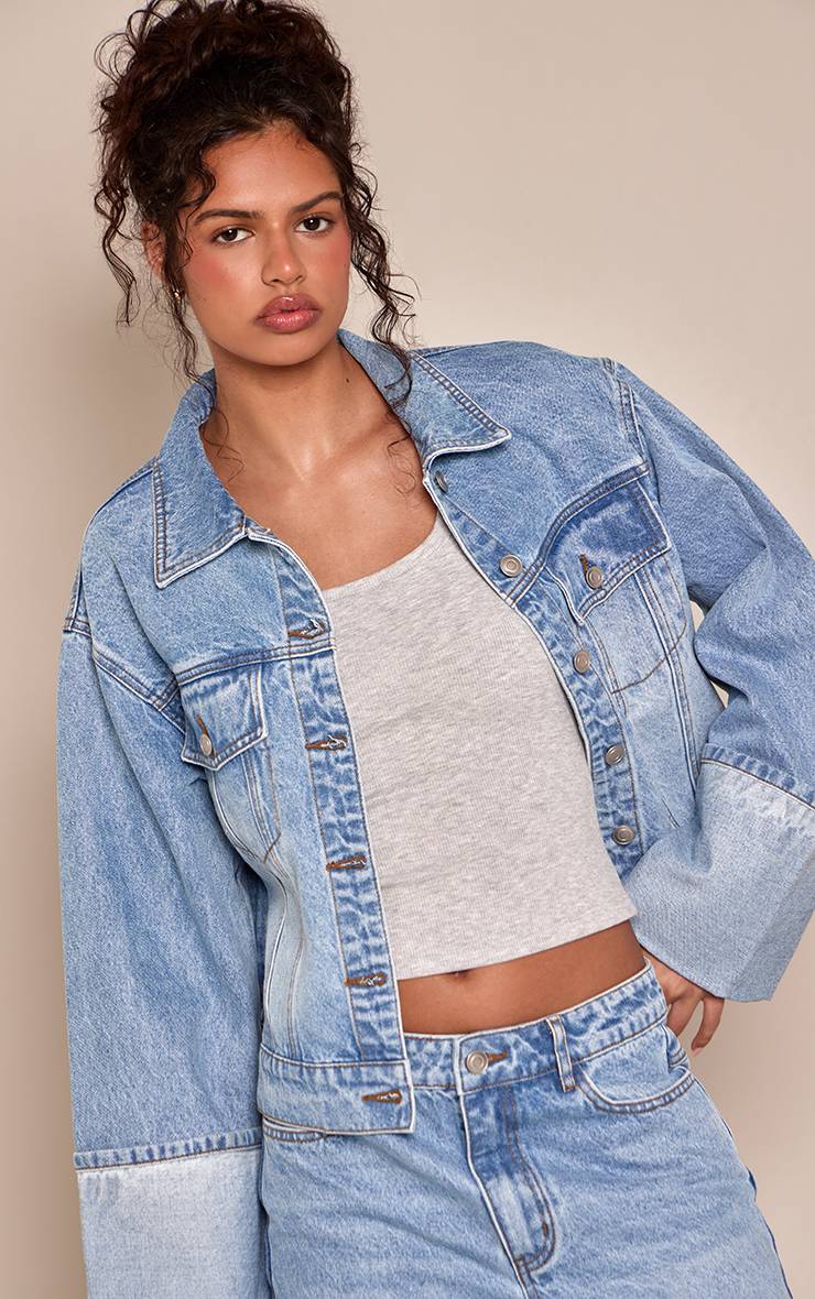 Mid Blue Wash Veste En Jean Ajustée Bleu Moyen Avec Revers Retroussés