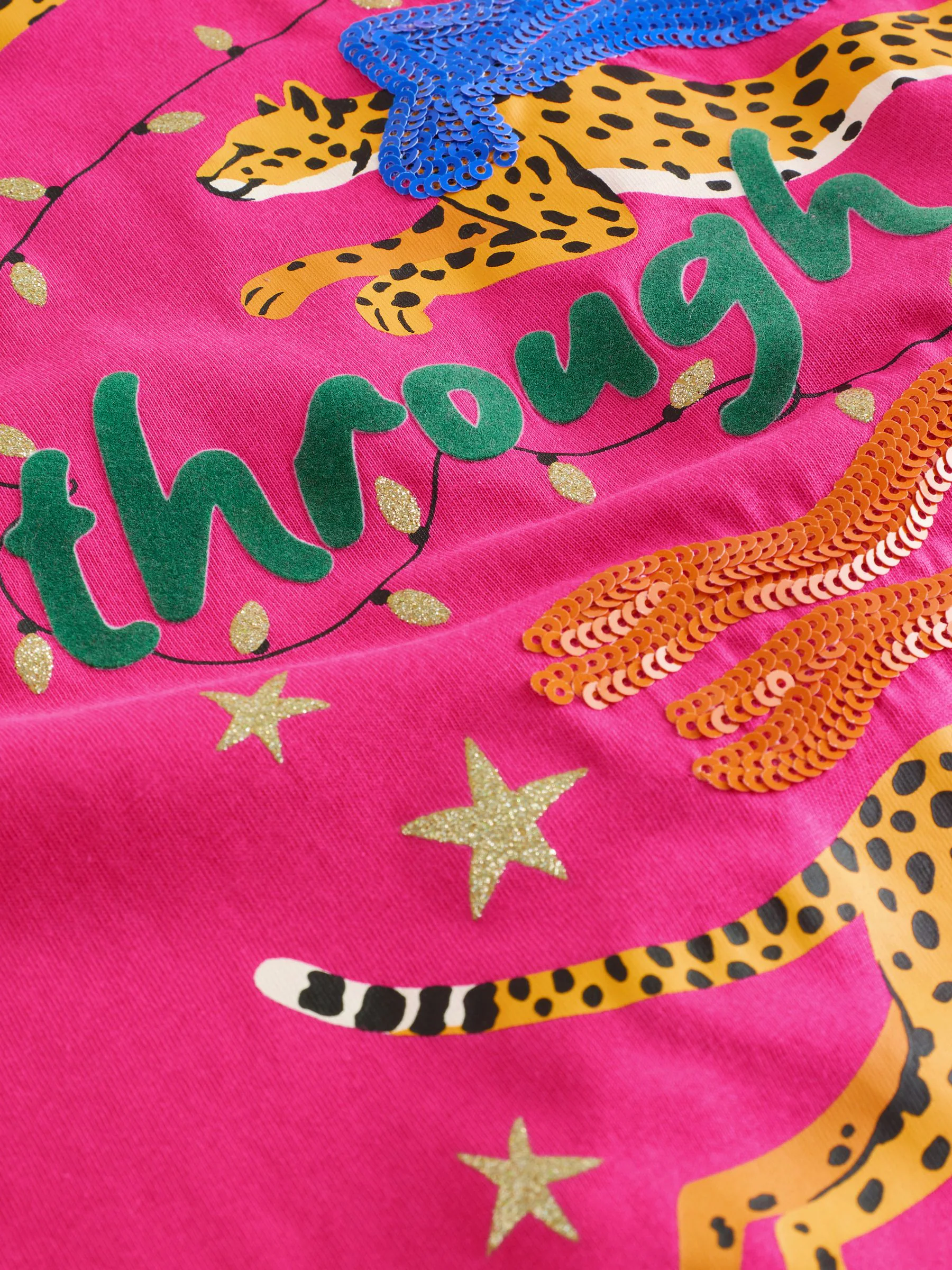 Roze - Feestelijk Kerstmis T-shirt met Korte mouwen, lovertjes en luipaardprint