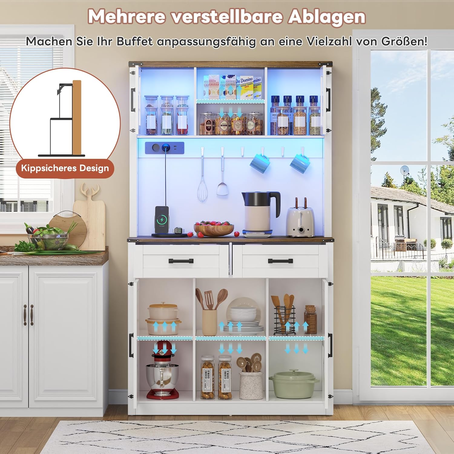 Merax Küchenschrank Buffetschrank, Hochschrank mit LED-Beleuchtung und Steckdosen, Küchenbuffet mit Arbeitsplatte und 2 Schubladen, rustikaler Kaffeebar-Sideboard-Tisch, Weiß, 100x40x172 cm