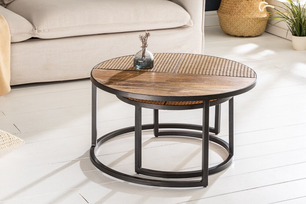riess-ambiente Couchtisch VIENNA LOUNGE - 2er Set 70cm rund Mangoholz massiv Wiener Geflecht Metall schwarz