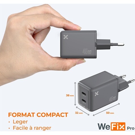 Chargeur pour téléphone mobile Wefix Pro CHARGEUR SECTEUR GaN 45W DOUBLE USB-C