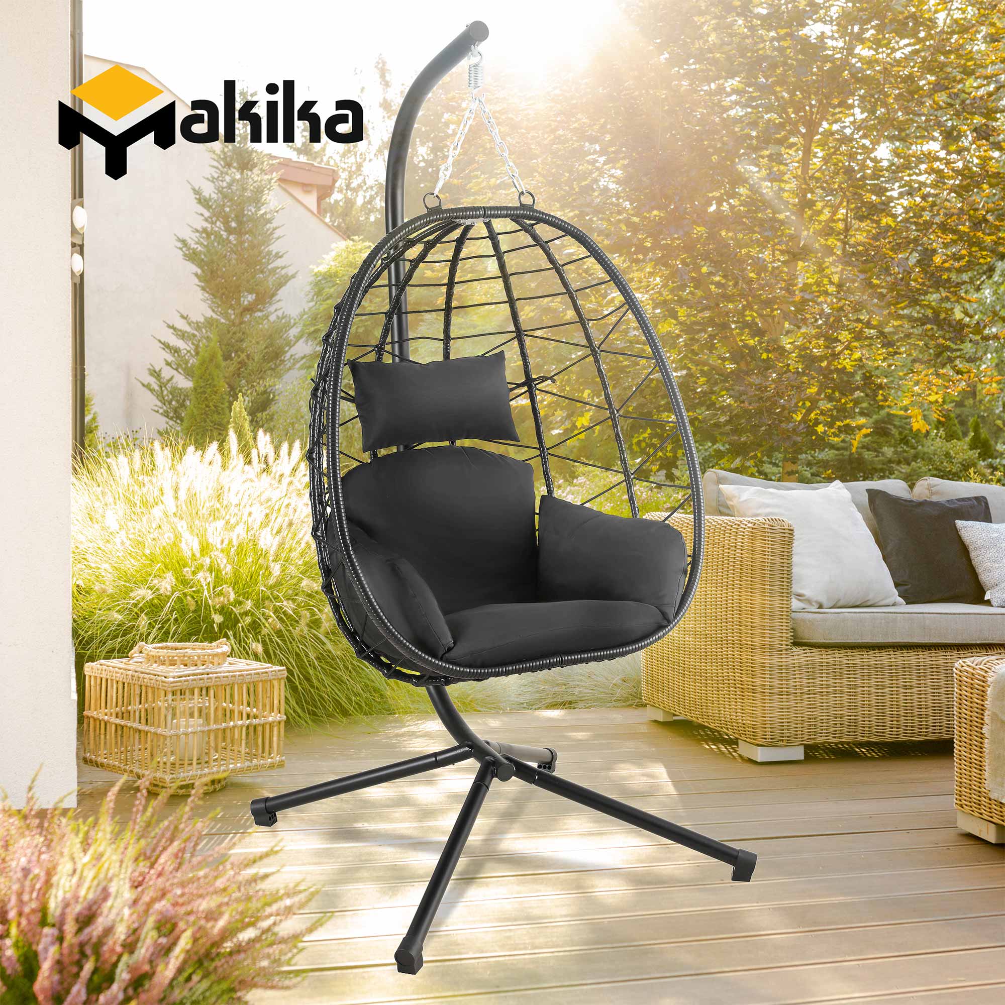 Makika Hängesessel mit Gestell höhenverstellbar aus Polyrattan in Schwarz