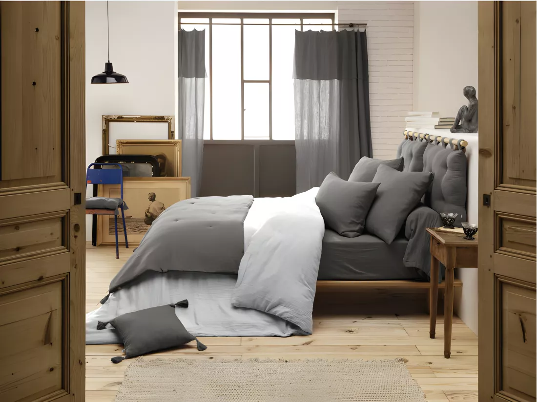 Édredon 90 x 200 cm en gaze de coton gris avec 4 pompons - PEPA