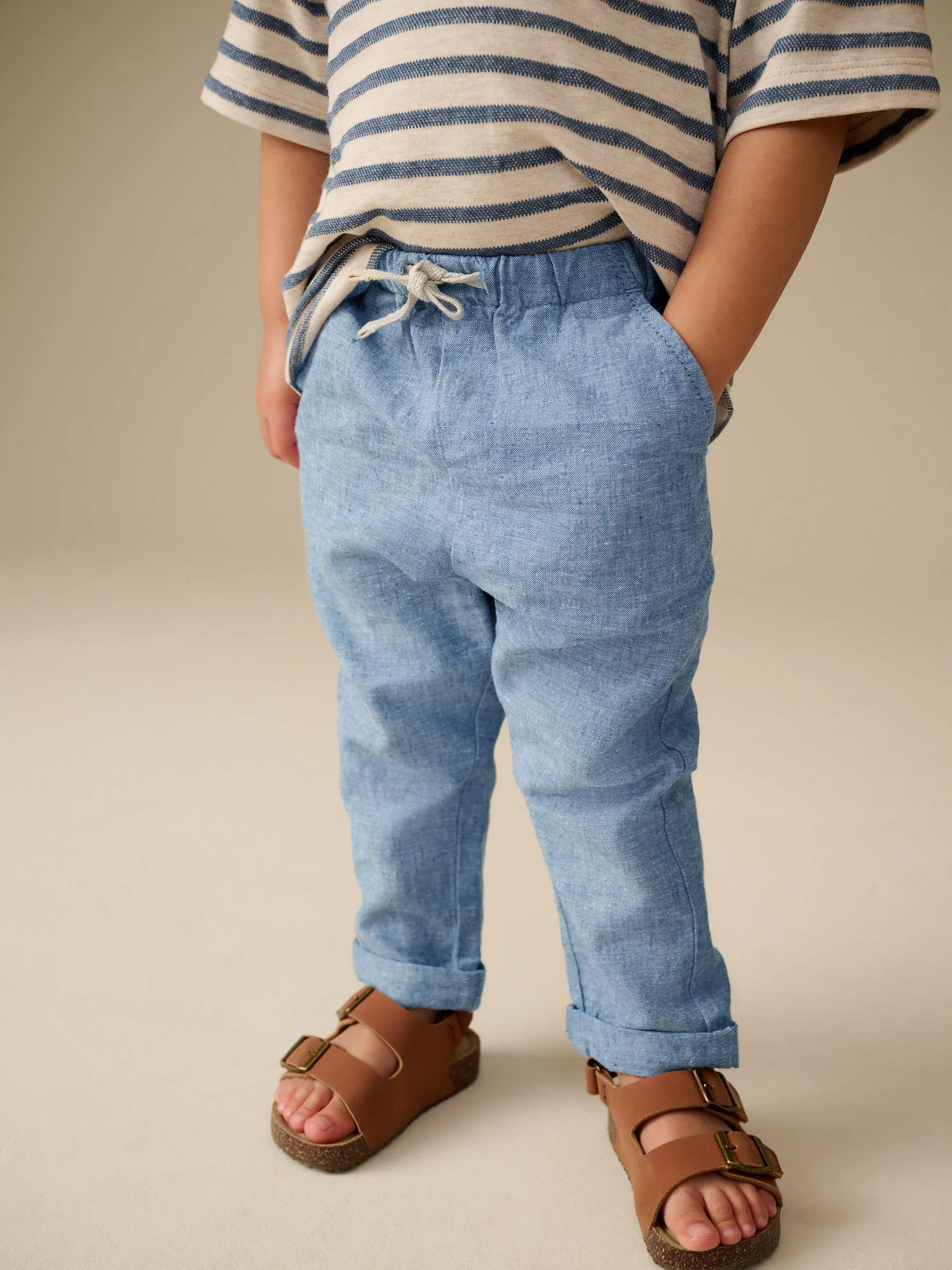 Chambray blauw - Linnen Blend broek met elastische taille (3mnd-7jr)