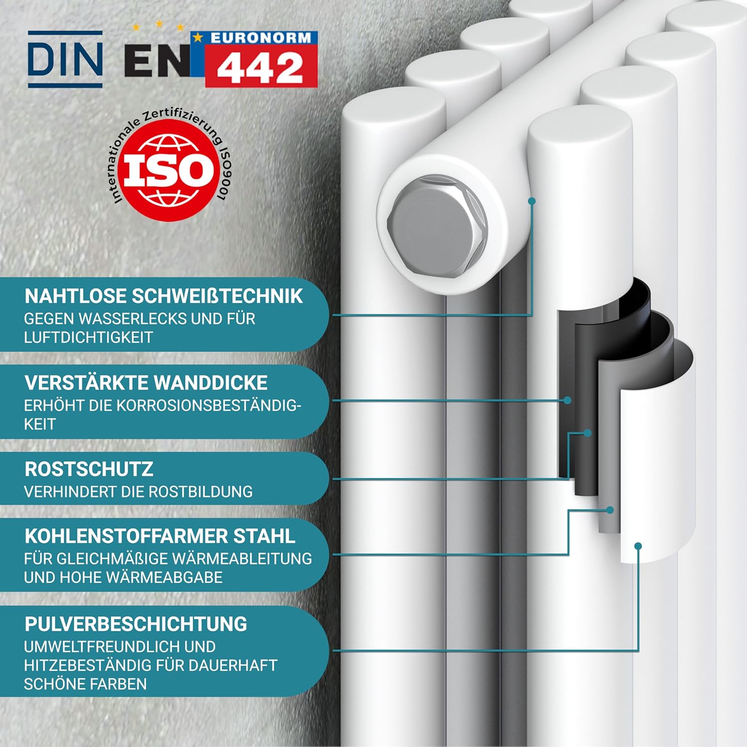 VILSTEIN Design Heizkörper Flach, Flachheizkörper, Paneelheizkörper, Wandheizkörper, Mittelanschluss & Seitenanschluss, Weiß, Doppellagig, 2070W, Vertikal, 180x54 cm
