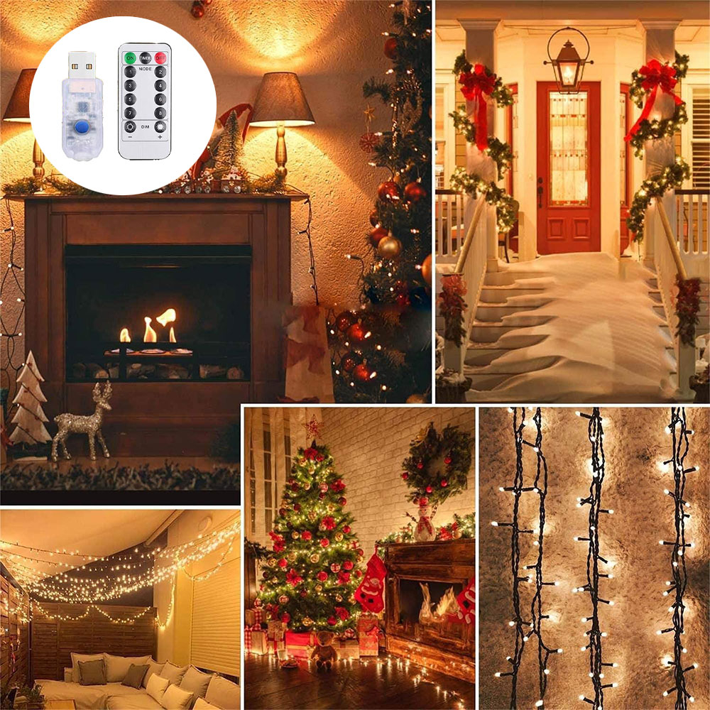 (12m) 100 LED's Deko USB Lichterkette Outdoor Beleuchtung 8 Modi   Fernbedienung IP65 - Warmweiss