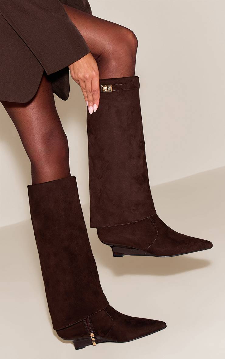 Chocolat Bottes Hautes À Talon Compensé Chaton En Synthétique Avec Revers Pliable