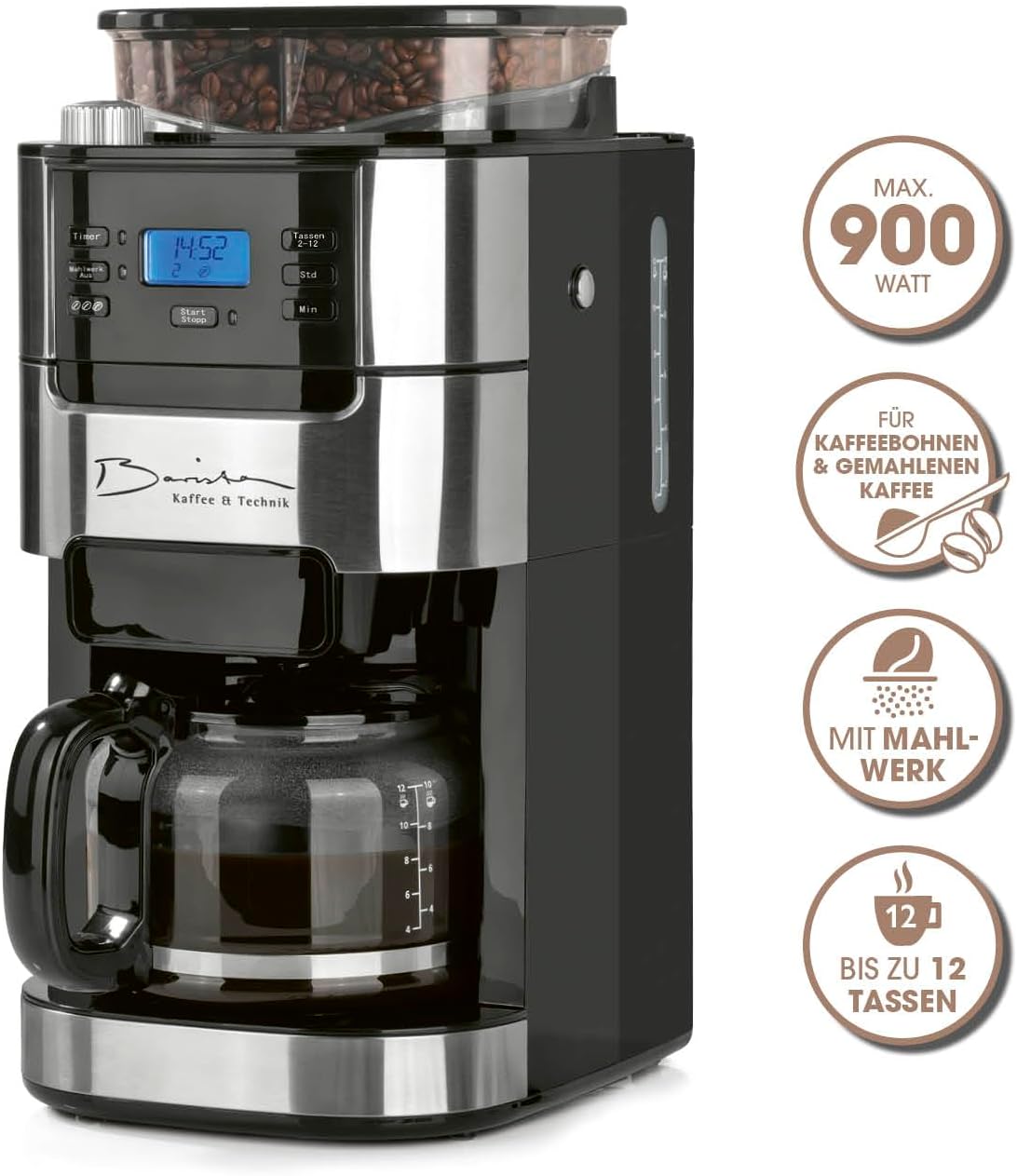 Barista Filterkaffeemaschine mit verstellbarem Mahlwerk & Glaskanne | Warmhaltefunktion, 24h Timer & Permanentfilter | Für 10 Tassen Kaffee | Kaffeemaschine für Bohnen & Pulver [Edelstahl]