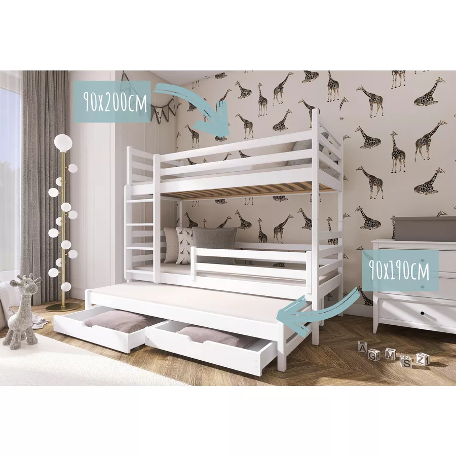 Kids Collective Hochbett 90x200 mit Ausziehbett Etagenbett mit Ausziehfunktion, Schubladen weiß