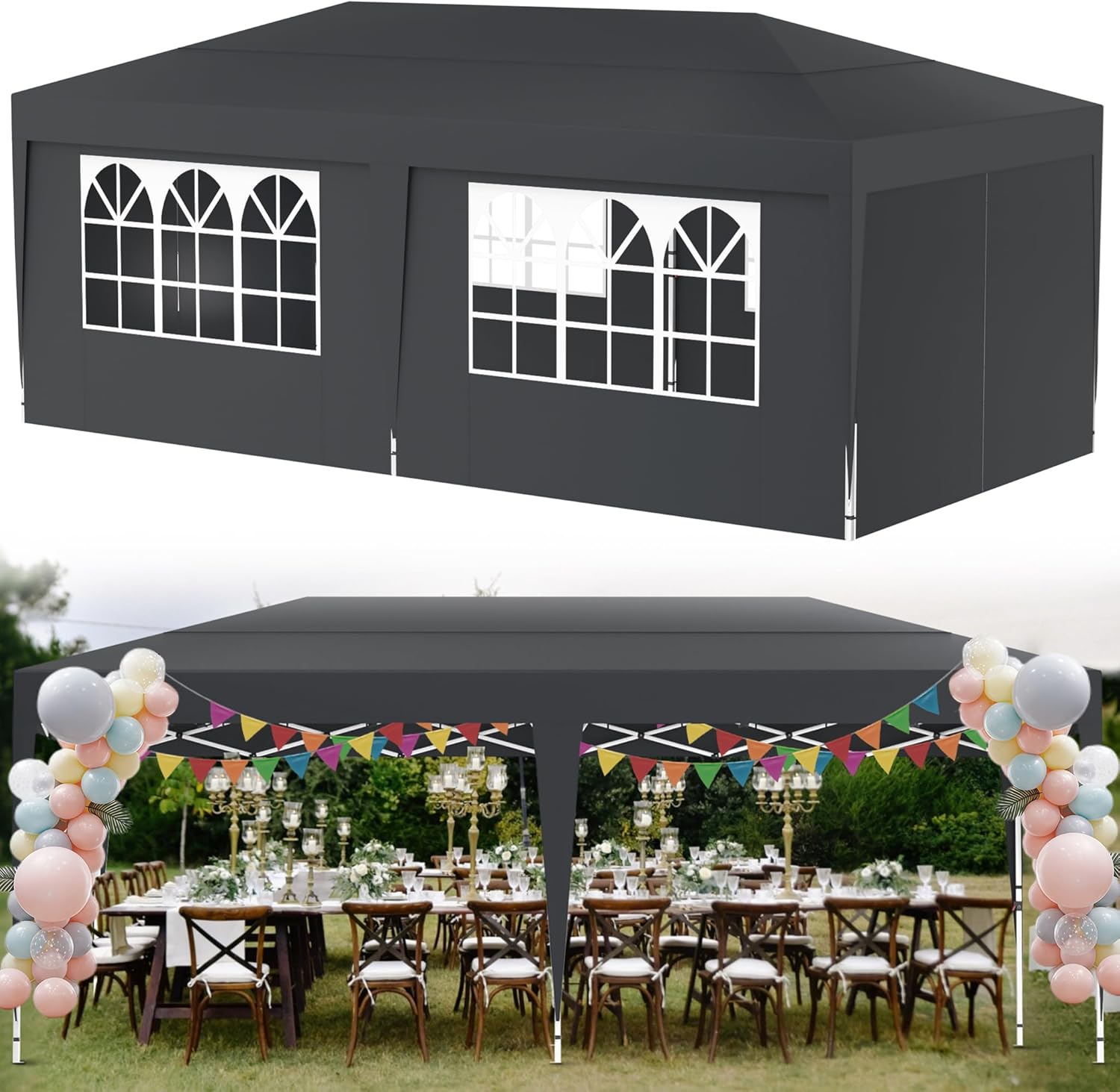 Pavillon Höhenverstellbar 3x6m Pop-Up Faltpavillon Wasserdicht Partyzelt Gartenzelt mit Tragetasche Stabil Festzelt Gartenpavillon Für den Außeneinsatz Geeignet - mit Seitenwände - Anthrazit