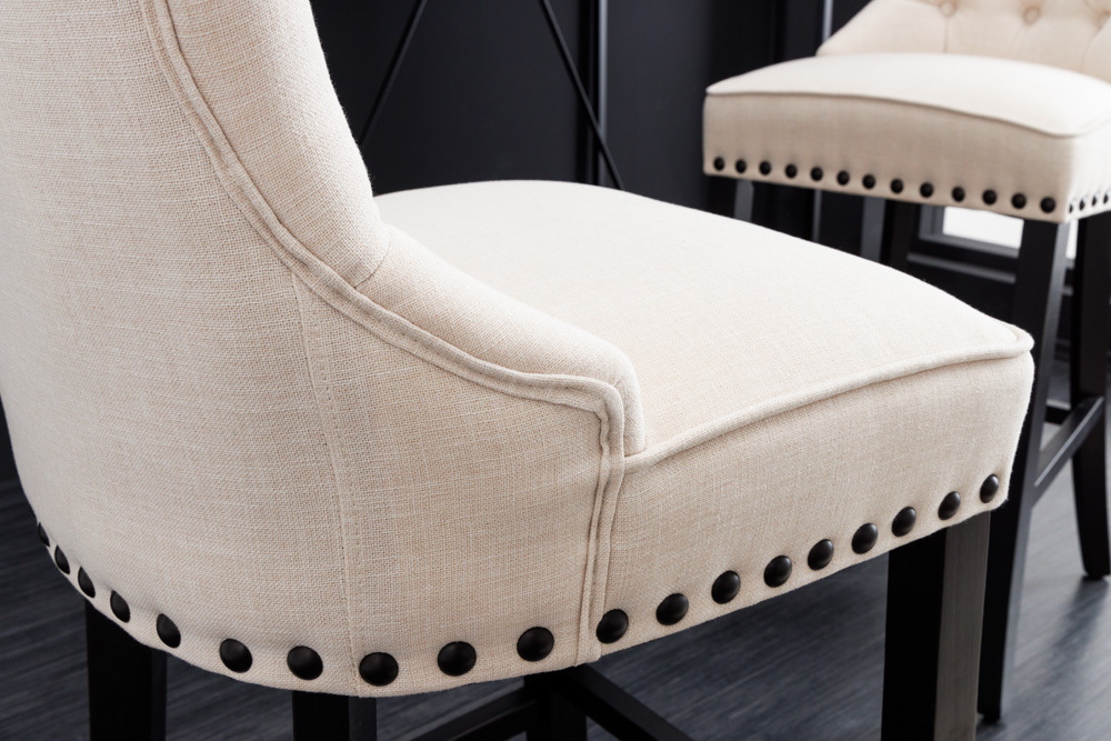 Design Barhocker CASTLE beige schwarz Strukturstoff mit Lehne Holz Chesterfield