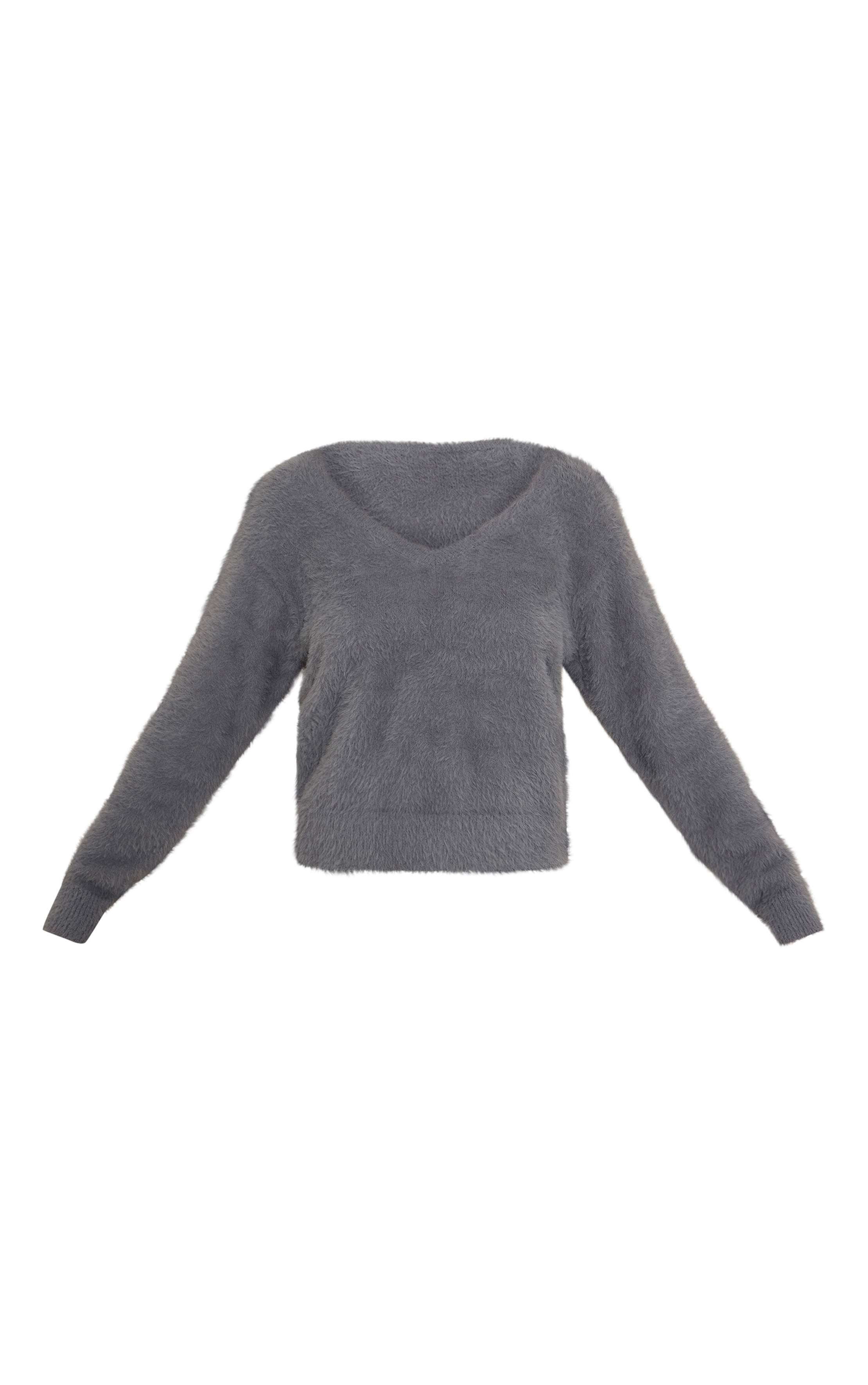 Gris Synthétiquell En Maille Duveteuse Col V Oversize