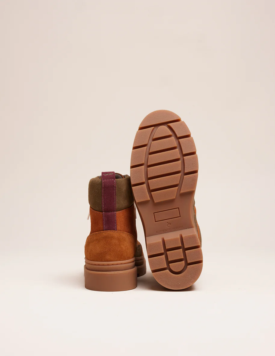 Bottines à lacets Joelle - Suède et velours cognac bordeaux