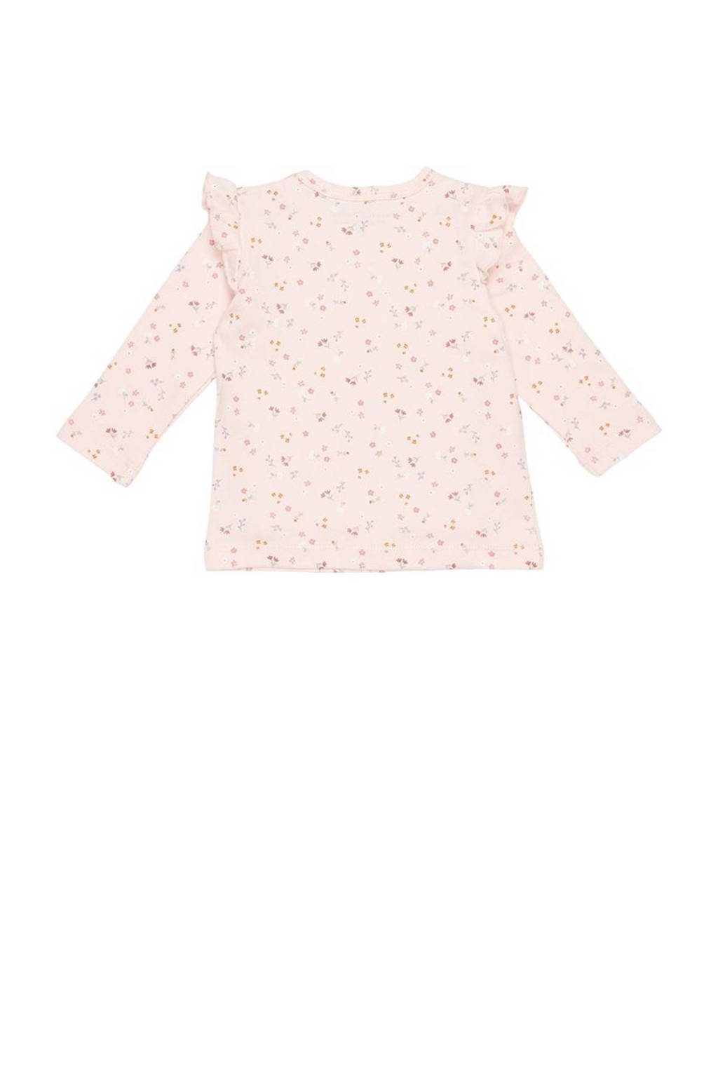 Little Dutch baby longsleeve Little Pink Flowers met all over print en ruches lichtroze
