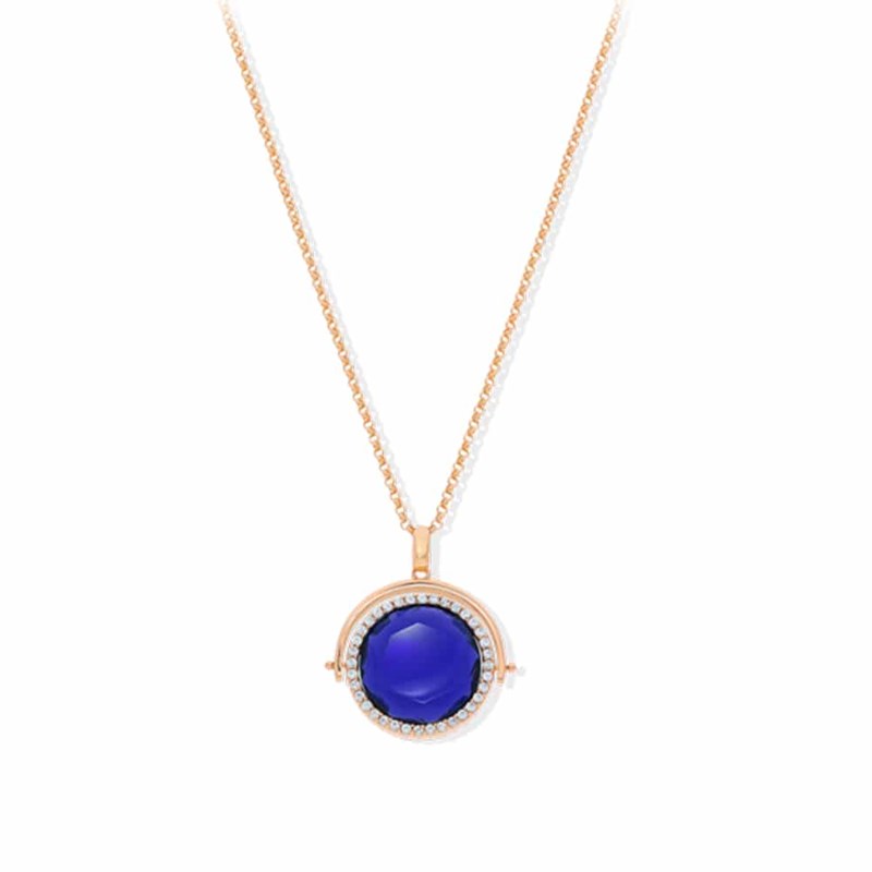 Collier Médaillon Double Face Rose Cristal Marine Et Prune