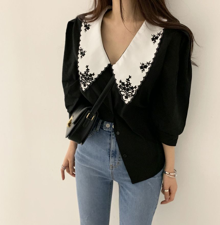 Cossita - Blouse met kraag en elleboogmouwen