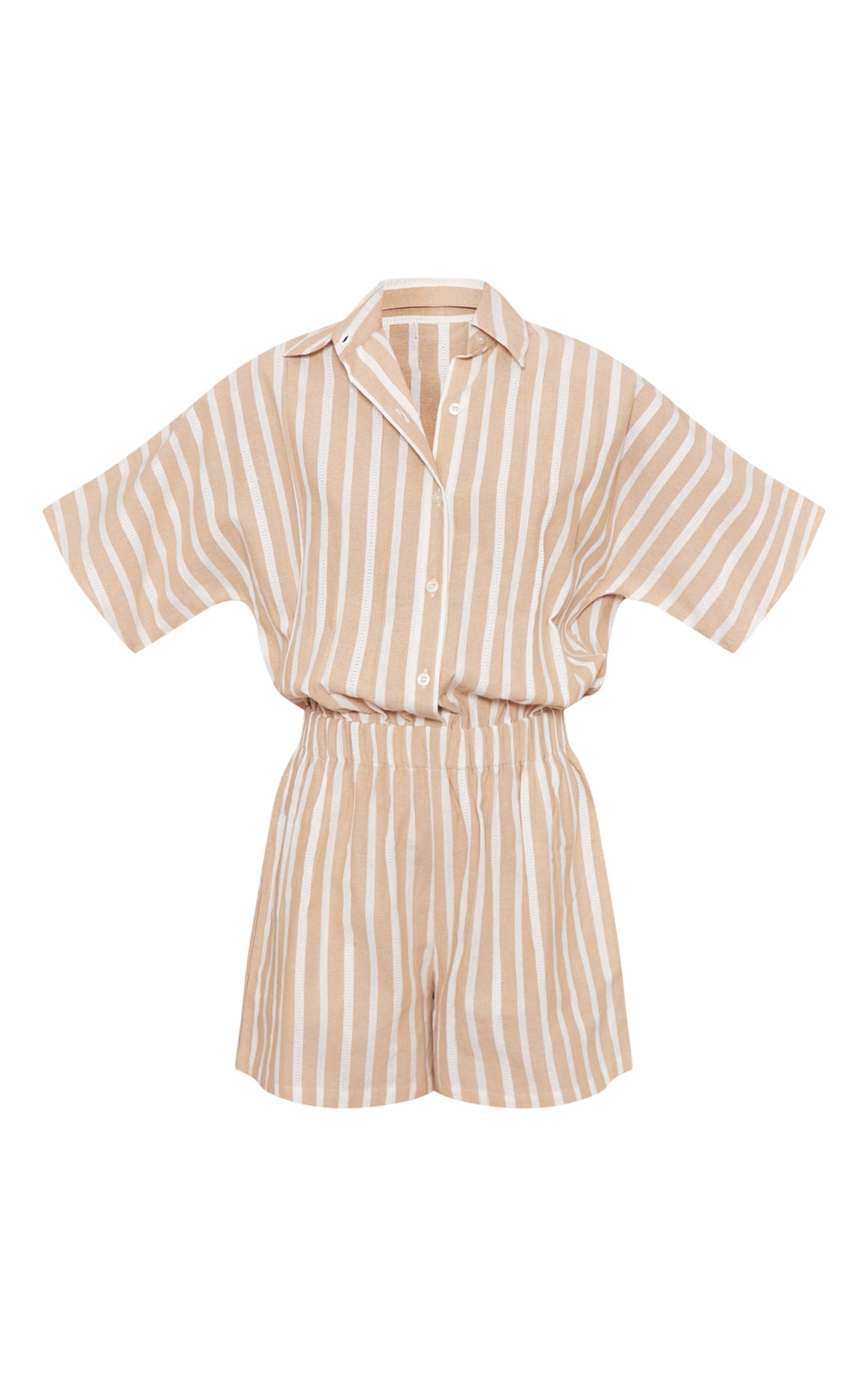 Gris Pierre Combi-short À Détail Chemise Boutonnée Aspect Lin À Fines Rayures