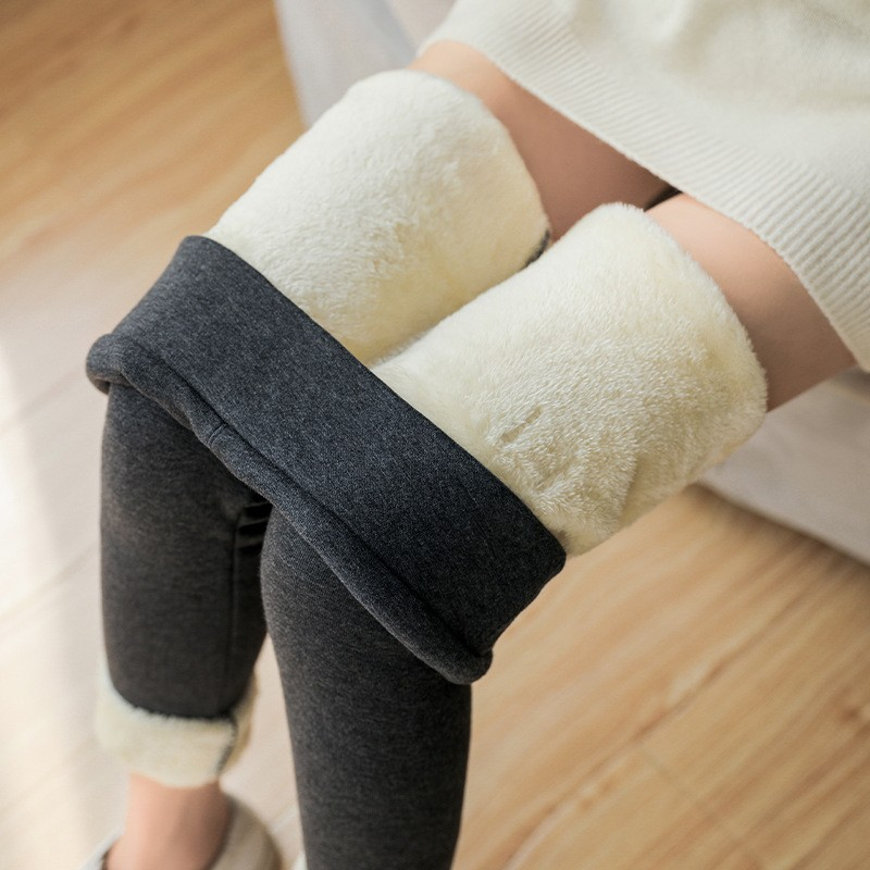 (Gr. L) Flauschige Winter Leggings Gefütterte Fell Hosen mit Innenfleece Extra Dick - Grau