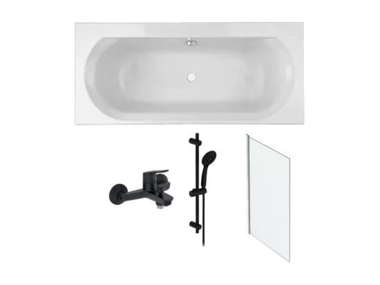 Pack baignoire droite 170 x 75 JACOB DELAFON Elise + pack pommeau et mitigeur bain douche noir mat + pare bain chromé + vidage