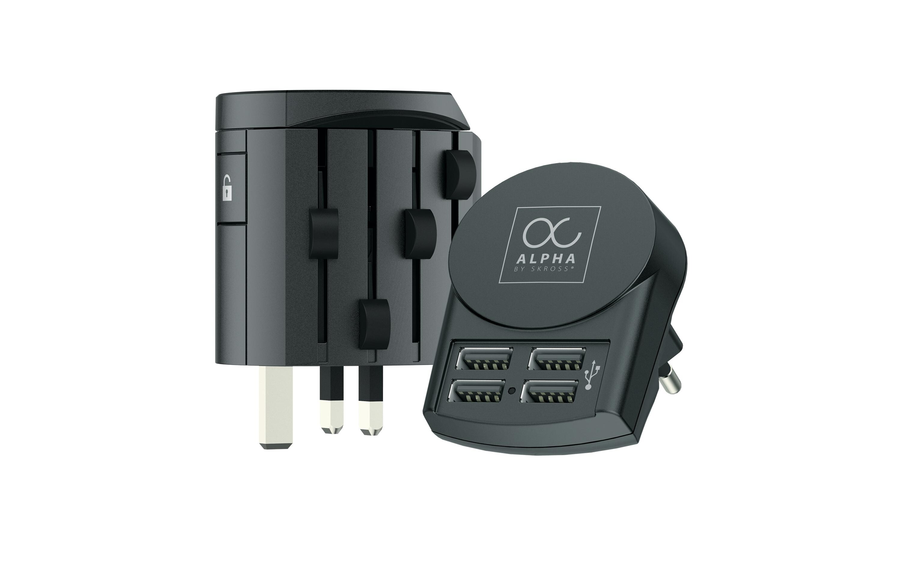 Reiseadapter Alpha 4 x USB-APremium-Weltreiseadapter für 2- und 3-polige Geräte