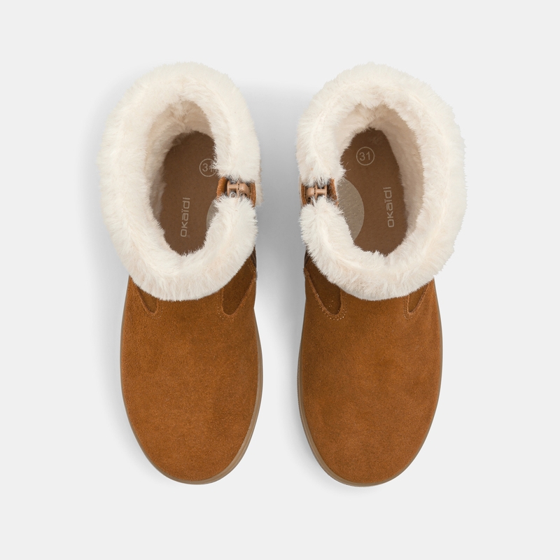 Boots croûte de cuir irisée col fourré beige fille