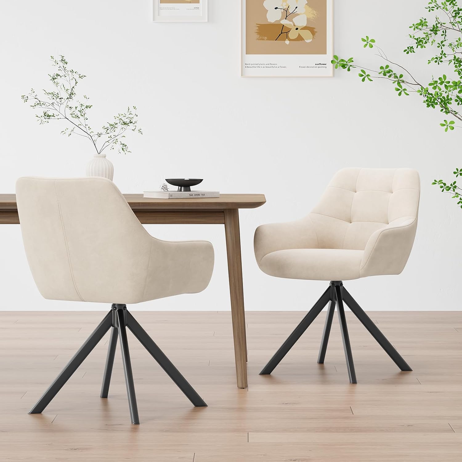 COLAMY Drehbare Esszimmerstühle 2er Set, Esszimmerstühle Drehbar mit Armlehne, Armlehnstuhl Drehbar mit Rückenlehne für Esszimmer, Stühle aus Weichem Florstoff mit Metallgestell für Küche, Beige