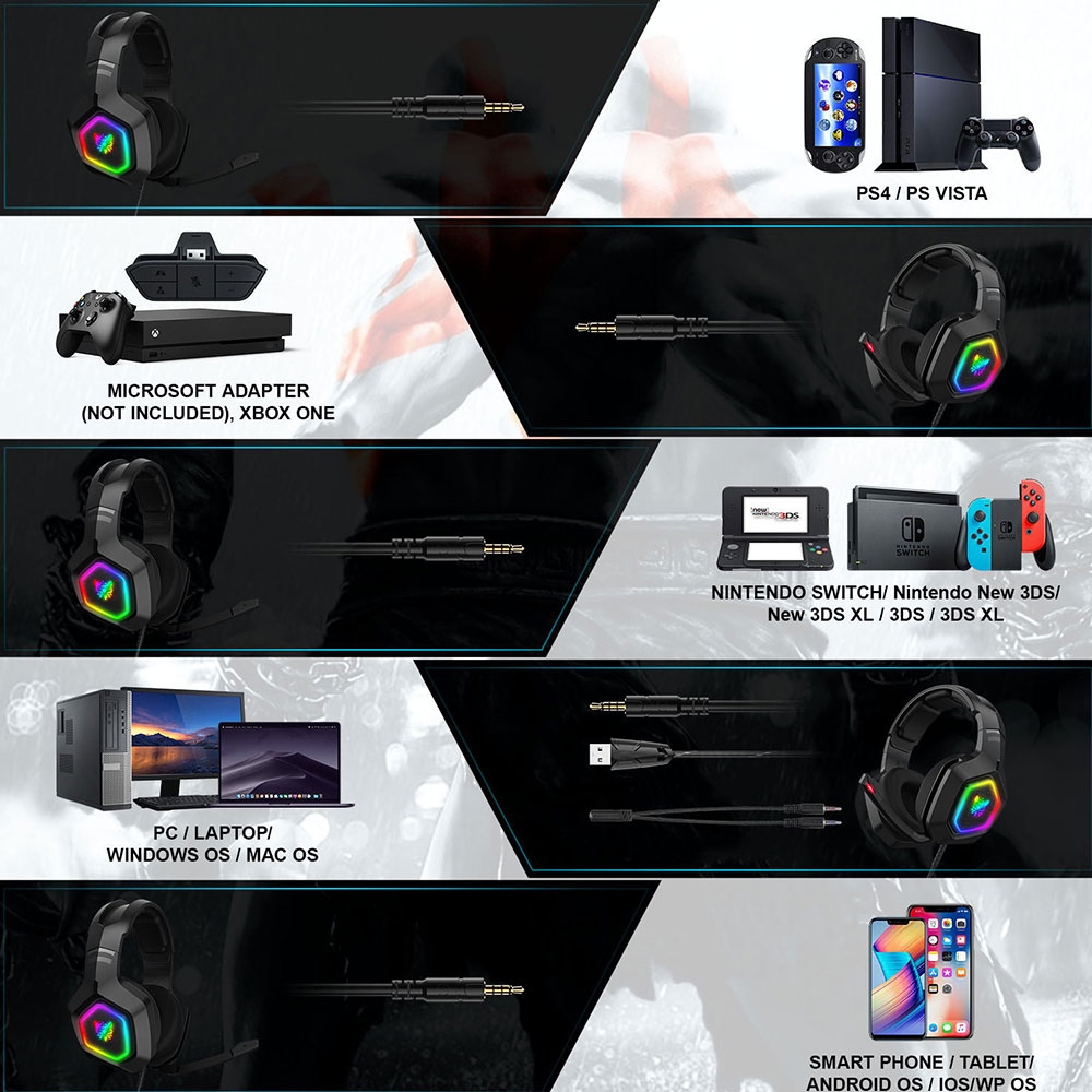 K10 Gaming USB Kopfhörer Over-Ear LED Stereo Headset mit Mikrofon   3.5mm Klinken - Schwarz (Design II)