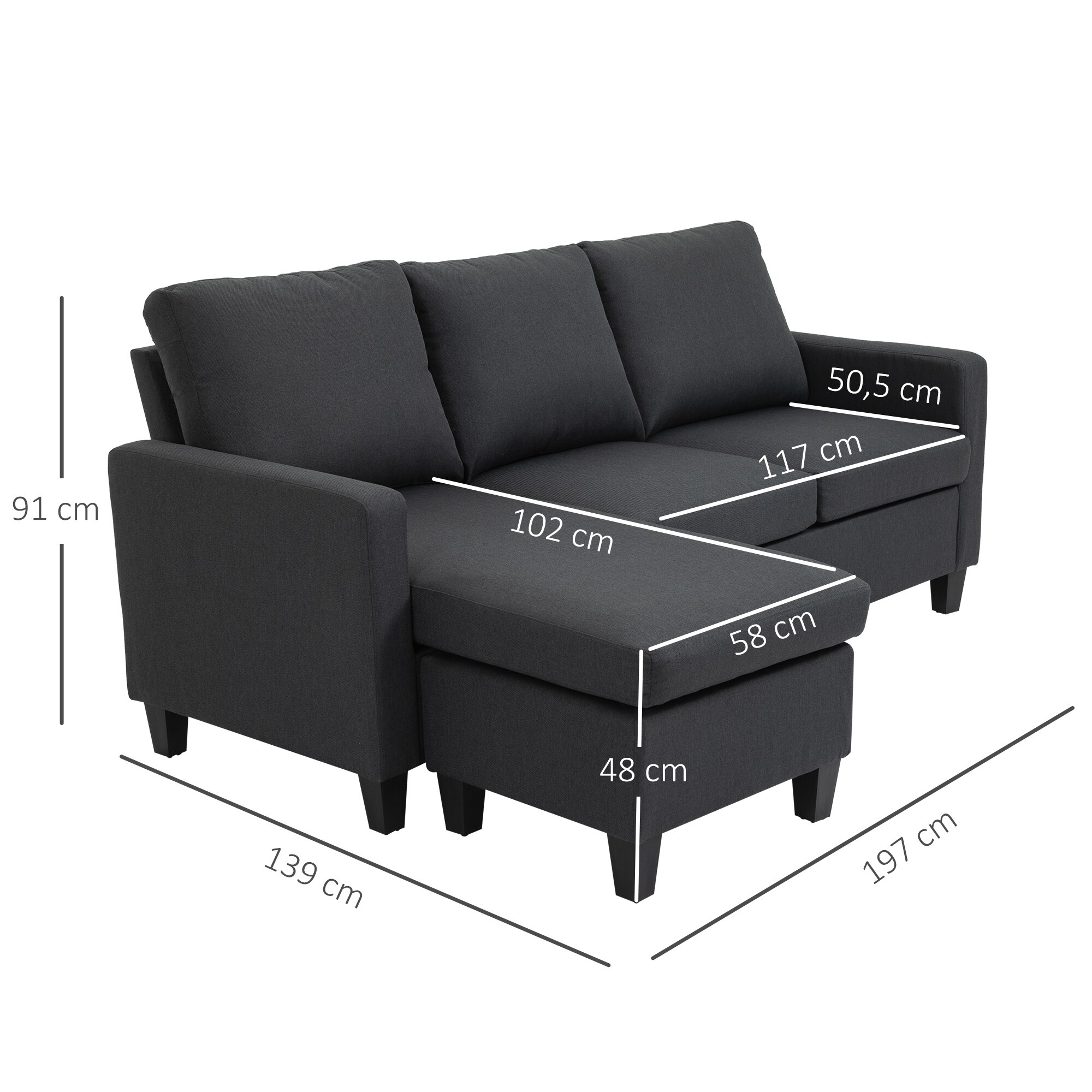 HOMCOM 3-Sitzer-Sofa mit zwei Liegesesseln und einer Chaiselounge 197 x 139 x 91 cm (BxTxH)
