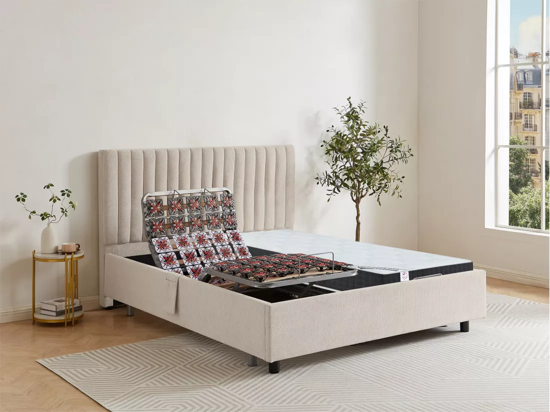 Lit électrique de relaxation déco tout plots + matelas ressorts ensachés et mémoire de forme - 2 x 80 x 200 cm - Tissu - Beige - ANTALISA de YSMÉE