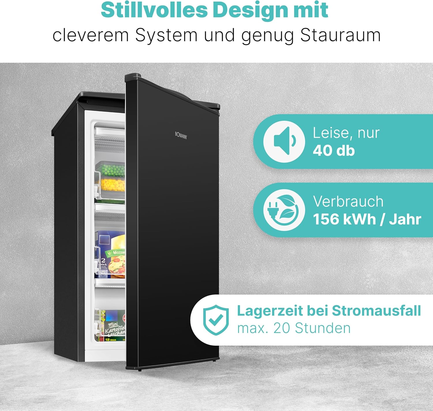 Bomann® Gefrierschrank klein | 4 Sterne-Gefrierfach | Tiefkühlschrank 3 Fächer | leise | ≤ -18°C | Türanschlag wechselbar | 60L Mini Freezer | kleiner Gefrierschrank | GS 7256 schwarz
