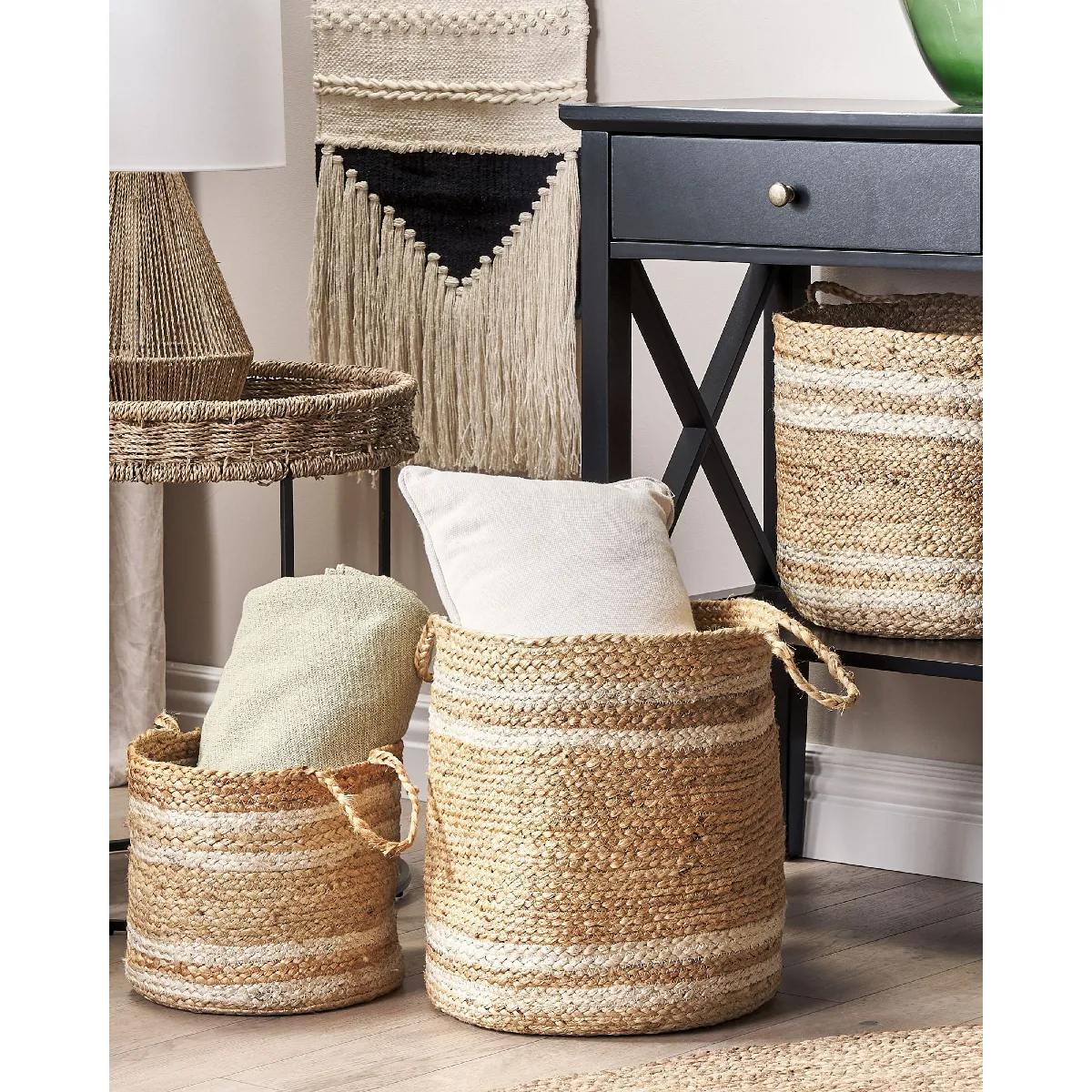 Beliani ZHOB - Lot de 3 paniers en jute naturel et beige