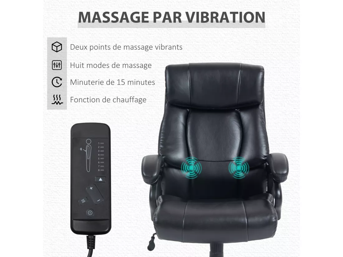 Chaise de bureau direction massant chauffant réglable ergonomique revêtement synthétique noir