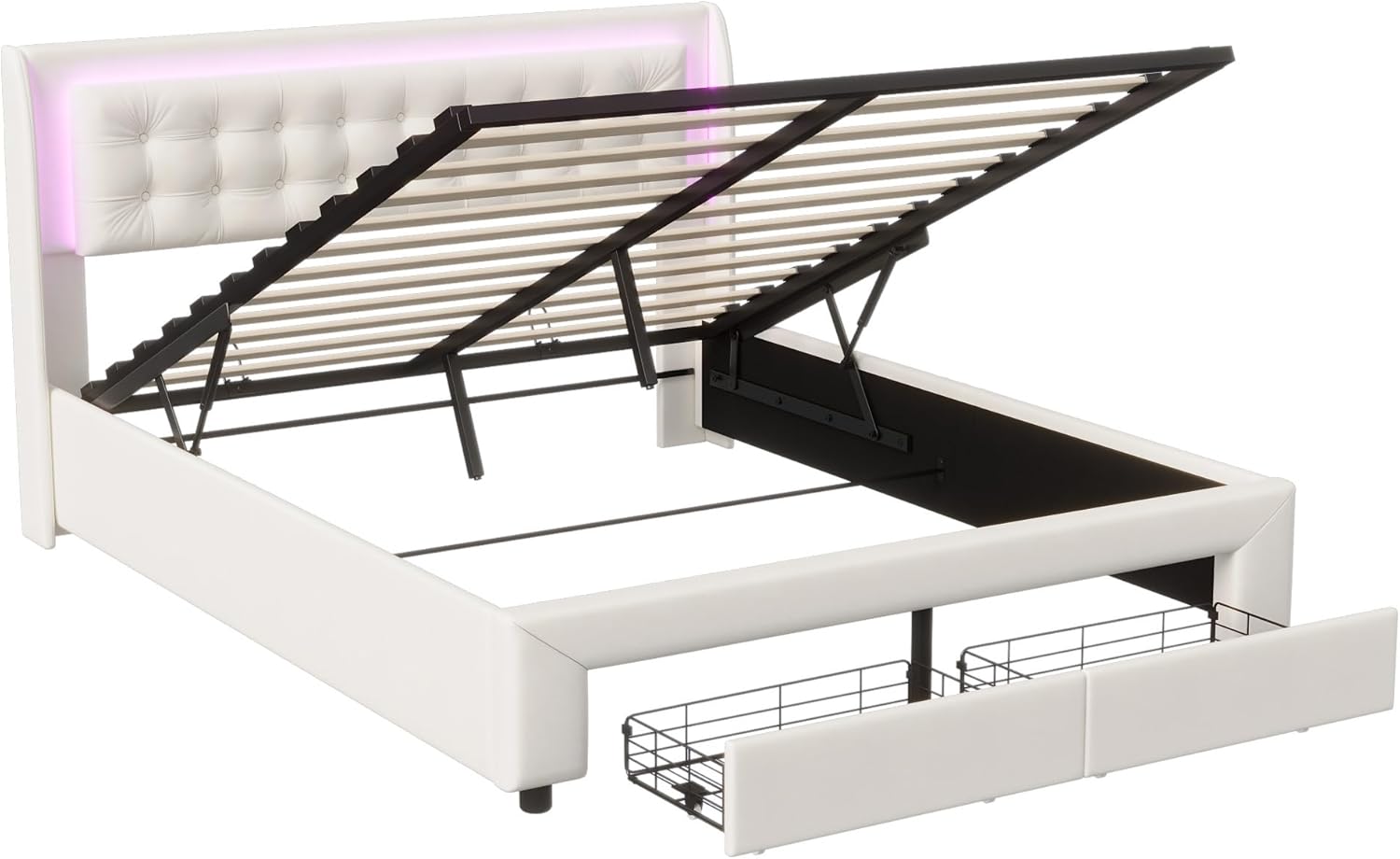 Bett 180x200 cm mit Stauraum und LED-Beleuchtung, Doppelbett mit Schublade, Hydraulisches Stauraumbett, Polsterbett, Lattenrost, Jugendbett, Beige Samt