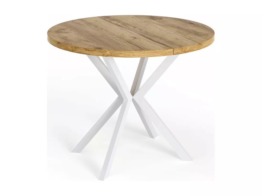 Table à Manger Extensible Ronde - Table Style Loft Avec Blanc Pieds En Métal - 120 à 200 Cm - Table Ronde Style Industriel Pour Le Salon - Compacte - Chêne Craft -