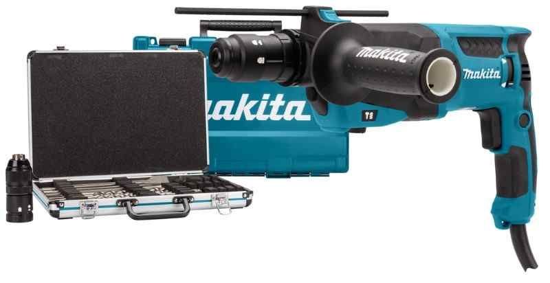 Makita HR2630TX12 230 V Combihamer met verwisselbare boorkop, in koffer, 17-delige boor- en beitelset in aluminium koffer