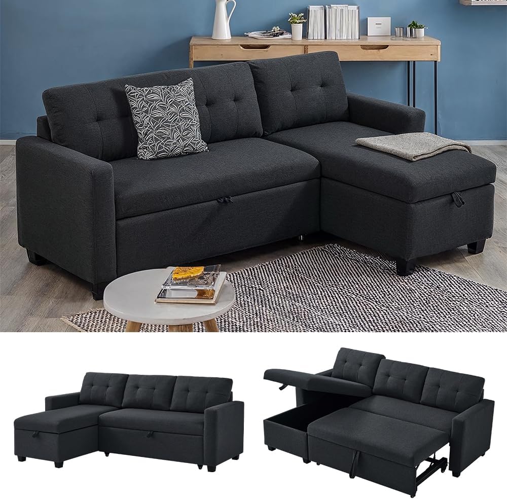 Ecksofa Campina, Schlafsofa mit Bettkasten, Anthrazit, 226 x 86 cm L-Form