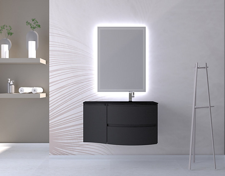 Ensemble Vague L.104 cm meuble sous vasque à suspendre graphite mat + complément gauche + plan vasque verre noir mat