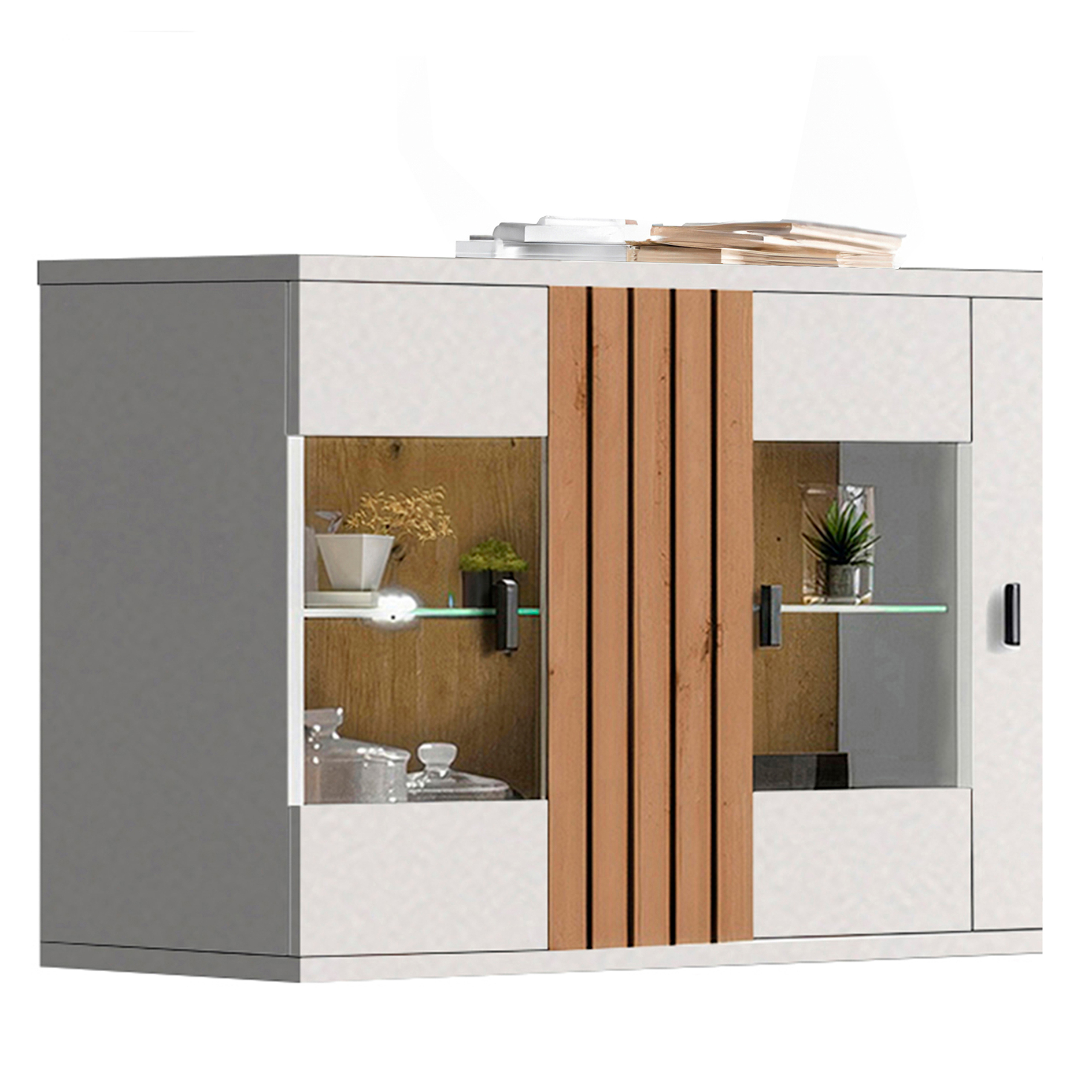 Hängevitrine BARLET - weiß-Artisan Eiche - Softclose
