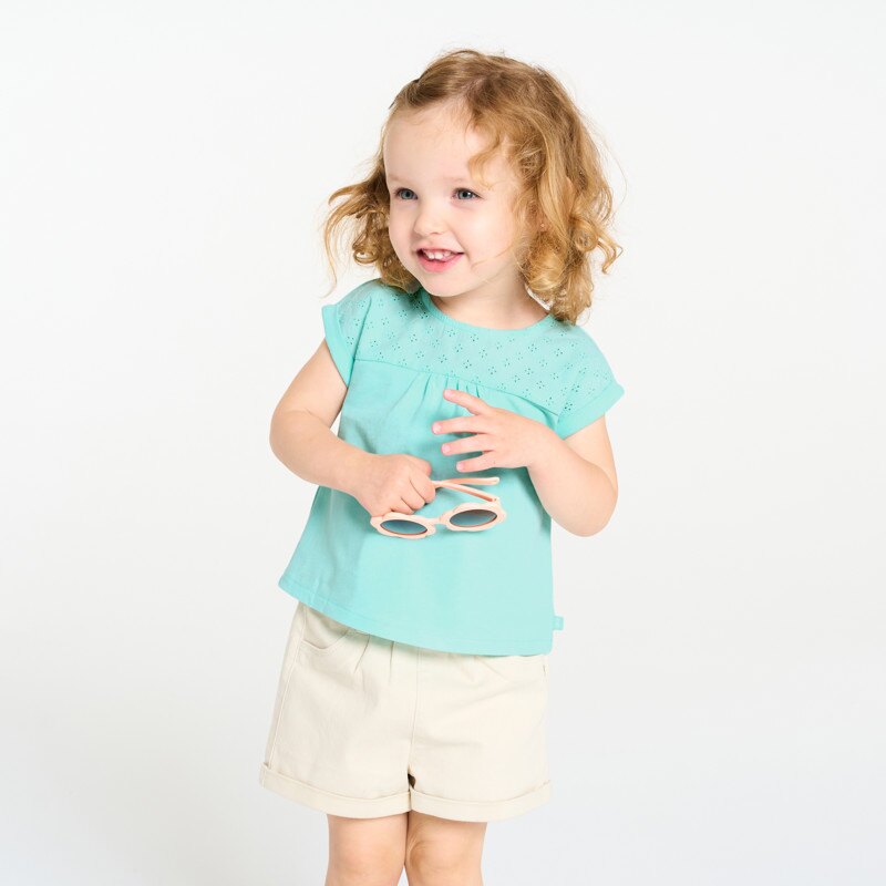 T-shirt bi-matière broderie anglaise bleu bébé fille Bleu