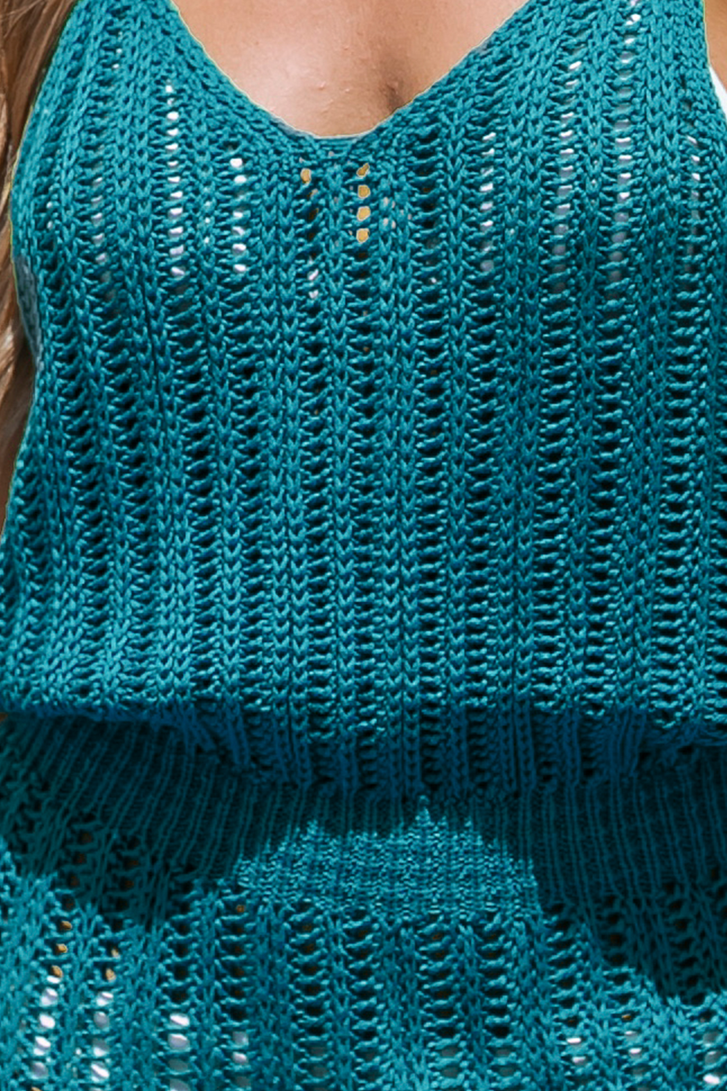 Robe cover up à col en V en tricot ouvert bleu vert