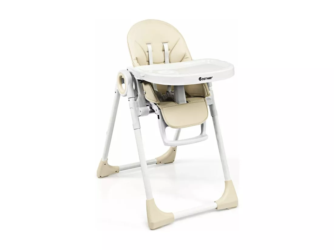 Chaise Haute Bébé Evolutive Pliable 2 en 1 en PP Hauteur et Angle Réglables avec Assiette,Plateau de Jeu Charge 20KG Beige